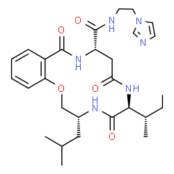 ChemSpider 2D Image | (3R,6S,10S)-6-[(2S)-2-Butanyl]-N-[2-(1H-imidazol-1-yl)ethyl]-3-isobutyl-5,8,12-trioxo-3,4,5,6,7,8,9,10,11,12-decahydro-2H-1,4,7,11-benzoxatriazacyclotetradecine-10-carboxamide | C28H40N6O5