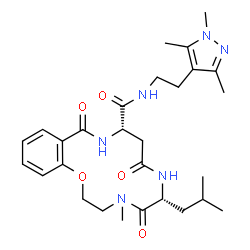 ChemSpider 2D Image | (6R,10S)-6-Isobutyl-4-methyl-5,8,12-trioxo-N-[2-(1,3,5-trimethyl-1H-pyrazol-4-yl)ethyl]-3,4,5,6,7,8,9,10,11,12-decahydro-2H-1,4,7,11-benzoxatriazacyclotetradecine-10-carboxamide | C28H40N6O5