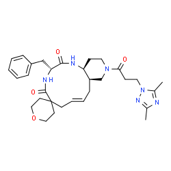 ChemSpider 2D Image | (3'R,8'E,10a'R,14a'S)-3'-Benzyl-12'-[3-(3,5-dimethyl-1H-1,2,4-triazol-1-yl)propanoyl]-2,3,3',4',5,6,7',10',10a',11',12',13',14',14a'-tetradecahydro-1'H-spiro[pyran-4,6'-pyrido[4,3-e][1,4]diazacyclodod
ecine]-2',5'-dione | C31H42N6O4