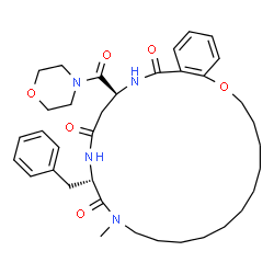 ChemSpider 2D Image | (15S,19S)-15-Benzyl-13-methyl-19-(4-morpholinylcarbonyl)-2,3,4,5,6,7,8,9,10,11,12,13,15,16,19,20-hexadecahydro-1,13,16,20-benzoxatriazacyclotricosine-14,17,21(18H)-trione | C36H50N4O6