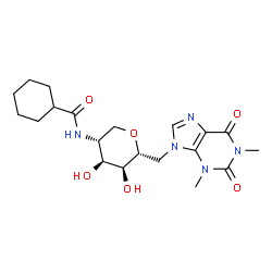 ChemSpider 2D Image | 1,5-Anhydro-2-[(cyclohexylcarbonyl)amino]-2,6-dideoxy-6-(1,3-dimethyl-2,6-dioxo-1,2,3,6-tetrahydro-9H-purin-9-yl)-D-altritol | C20H29N5O6