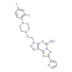 ChemSpider 2D Image | 7-{2-[4-(2,4-Difluorophenyl)-1-piperazinyl]ethyl}-2-(2-furyl)-7H-pyrazolo[4,3-e][1,2,4]triazolo[1,5-c]pyrimidin-5-amine | C22H21F2N9O