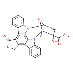 ChemSpider 2D Image | methyl (5S,6S,8R)-6-hydroxy-5-methyl-13-oxo-5,6,7,8,14,15-hexahydro-13H-5,8-epoxy-4b,8a,14-triazadibenzo[b,h]cycloocta[1,2,3,4-jkl]cyclopenta[e]-as-indacene-6-carboxylate | C27H21N3O5