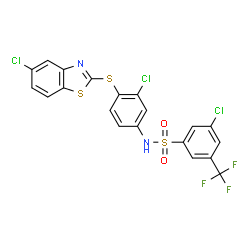 ChemSpider 2D Image | 3-Chloro-N-{3-chloro-4-[(5-chloro-1,3-benzothiazol-2-yl)sulfanyl]phenyl}-5-(trifluoromethyl)benzenesulfonamide | C20H10Cl3F3N2O2S3