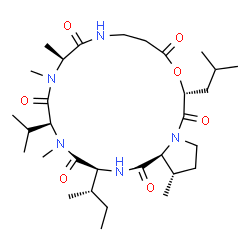 ChemSpider 2D Image | (3S,6S,9S,16R,21S,21aS)-3-[(2S)-2-Butanyl]-16-isobutyl-6-isopropyl-5,8,9,21-tetramethyldodecahydropyrrolo[1,2-d][1,4,7,10,13,16]oxapentaazacyclononadecine-1,4,7,10,14,17(11H,16H)-hexone | C31H53N5O7