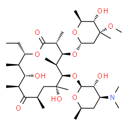 ChemSpider 2D Image | (3R,4S,5S,6R,7R,9R,11S,12S,13R,14S)-6-{[(2S,3R,4S,6R)-4-(Dimethylamino)-3-hydroxy-6-methyltetrahydro-2H-pyran-2-yl]oxy}-14-ethyl-7,12-dihydroxy-4-{[(2R,4R,5S,6S)-5-hydroxy-4-methoxy-4,6-dimethyltetrah
ydro-2H-pyran-2-yl]oxy}-3,5,7,9,11,13-hexamethyloxacyclotetradecane-2,10-dione | C37H67NO12