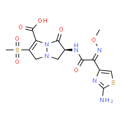 ChemSpider 2D Image | (6S)-6-{[(2Z)-2-(2-Amino-1,3-thiazol-4-yl)-2-(methoxyimino)acetyl]amino}-2-(methylsulfonyl)-5-oxo-6,7-dihydro-1H,5H-pyrazolo[1,2-a]pyrazole-3-carboxylic acid | C14H16N6O7S2