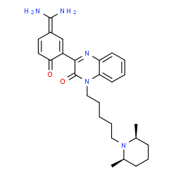 ChemSpider 2D Image | 3-[3-(Diaminomethylene)-6-oxo-1,4-cyclohexadien-1-yl]-1-{5-[(2R,6S)-2,6-dimethyl-1-piperidinyl]pentyl}-2(1H)-quinoxalinone | C27H35N5O2