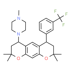 ChemSpider 2D Image | 1-Methyl-4-{2,2,8,8-tetramethyl-6-[3-(trifluoromethyl)phenyl]-3,4,7,8-tetrahydro-2H,6H-pyrano[3,2-g]chromen-4-yl}piperazine | C28H35F3N2O2