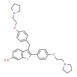 ChemSpider 2D Image | 3-{4-[2-(1-Pyrrolidinyl)ethoxy]benzyl}-2-{4-[2-(1-pyrrolidinyl)ethoxy]phenyl}-1-benzothiophene-6-ol | C33H38N2O3S