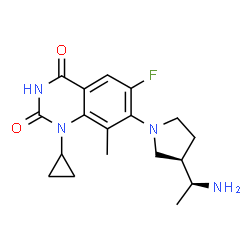 ChemSpider 2D Image | 7-{(3R)-3-[(1S)-1-Aminoethyl]-1-pyrrolidinyl}-1-cyclopropyl-6-fluoro-8-methyl-2,4(1H,3H)-quinazolinedione | C18H23FN4O2