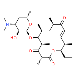 ChemSpider 2D Image | (3R,5R,6S,7S,9R,11E,13R,14R)-14-Ethyl-3,5,7,9,13-pentamethyl-2,4,10-trioxooxacyclotetradec-11-en-6-yl 3,4,6-trideoxy-3-(dimethylamino)-alpha-L-xylo-hexopyranoside | C28H47NO7