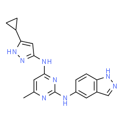 ChemSpider 2D Image | N~4~-(5-cyclopropyl-1H-pyrazol-3-yl)-N~2~-1H-indazol-5-yl-6-methylpyrimidine-2,4-diamine | C18H18N8