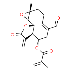 ChemSpider 2D Image | (1aR,4Z,7S,7aR,10aS,10bS)-5-Formyl-1a-methyl-8-methylene-9-oxo-1a,2,3,6,7,7a,8,9,10a,10b-decahydrooxireno[9,10]cyclodeca[1,2-b]furan-7-yl methacrylate | C19H22O6
