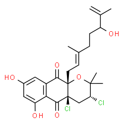 ChemSpider 2D Image | (3R,4aR,10aS)-3,4a-Dichloro-6,8-dihydroxy-10a-[(2E)-6-hydroxy-3,7-dimethyl-2,7-octadien-1-yl]-2,2-dimethyl-3,4,4a,10a-tetrahydro-2H-benzo[g]chromene-5,10-dione | C25H30Cl2O6