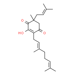 ChemSpider 2D Image | 2-[(2E)-3,7-Dimethyl-2,6-octadien-1-yl]-3-hydroxy-5-methyl-5-(3-methyl-2-buten-1-yl)-2-cyclohexene-1,4-dione | C22H32O3