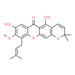 ChemSpider 2D Image | 5,8-Dihydroxy-9-methoxy-2,2-dimethyl-10-(3-methyl-2-buten-1-yl)-2H,6H-pyrano[3,2-b]xanthen-6-one | C24H24O6