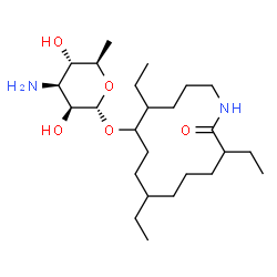 ChemSpider 2D Image | 5,9,13-Triethyl-14-oxoazacyclotetradecan-6-yl 3-amino-3,6-dideoxy-alpha-D-mannopyranoside | C25H48N2O5