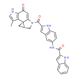 ChemSpider 2D Image | N-(2-{[(3bS,4aR)-3-Methyl-8-oxo-1,4a,5,8-tetrahydrocyclopropa[c]pyrrolo[3,2-e]indol-6(4H)-yl]carbonyl}-1H-indol-5-yl)-1H-indole-2-carboxamide | C30H23N5O3