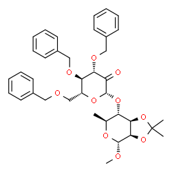 ChemSpider 2D Image | Methyl 6-deoxy-2,3-O-isopropylidene-4-O-(3,4,6-tri-O-benzyl-beta-D-arabino-hexopyranosyl-2-ulose)-alpha-L-mannopyranoside | C37H44O10