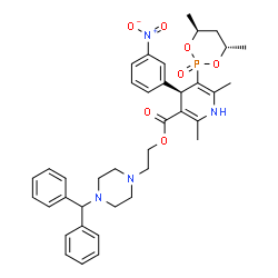 ChemSpider 2D Image | 2-[4-(Diphenylmethyl)-1-piperazinyl]ethyl (4R)-5-[(4S,6S)-4,6-dimethyl-2-oxido-1,3,2-dioxaphosphinan-2-yl]-2,6-dimethyl-4-(3-nitrophenyl)-1,4-dihydro-3-pyridinecarboxylate | C38H45N4O7P