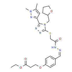 ChemSpider 2D Image | Ethyl 3-(4-{(Z)-[({[5-(1,5-dimethyl-1H-pyrazol-3-yl)-4-(tetrahydro-2-furanylmethyl)-4H-1,2,4-triazol-3-yl]sulfanyl}acetyl)hydrazono]methyl}phenoxy)propanoate | C26H33N7O5S