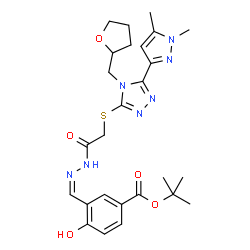 ChemSpider 2D Image | 2-Methyl-2-propanyl 3-{(Z)-[({[5-(1,5-dimethyl-1H-pyrazol-3-yl)-4-(tetrahydro-2-furanylmethyl)-4H-1,2,4-triazol-3-yl]sulfanyl}acetyl)hydrazono]methyl}-4-hydroxybenzoate | C26H33N7O5S