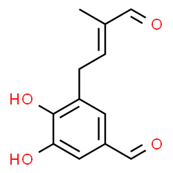 ChemSpider 2D Image | 3,4-Dihydroxy-5-[(2E)-3-methyl-4-oxo-2-buten-1-yl]benzaldehyde | C12H12O4