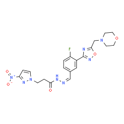 ChemSpider 2D Image | N'-[(Z)-{4-Fluoro-3-[5-(4-morpholinylmethyl)-1,2,4-oxadiazol-3-yl]phenyl}methylene]-3-(3-nitro-1H-pyrazol-1-yl)propanehydrazide | C20H21FN8O5