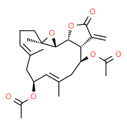 ChemSpider 2D Image | (1aR,1bR,4aR,5S,7E,9S,11E,14aR)-7,11,14a-Trimethyl-4-methylene-3-oxo-1a,1b,3,4,4a,5,6,9,10,13,14,14a-dodecahydrooxireno[13,14]cyclotetradeca[1,2-b]furan-5,9-diyl diacetate | C24H32O7