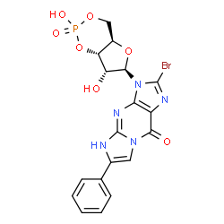 ChemSpider 2D Image | 2-Bromo-3-[(4aR,6R,7R,7aS)-2,7-dihydroxy-2-oxidotetrahydro-4H-furo[3,2-d][1,3,2]dioxaphosphinin-6-yl]-6-phenyl-3,5-dihydro-9H-imidazo[1,2-a]purin-9-one | C18H15BrN5O7P