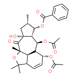 ChemSpider 2D Image | (5R,6S,6aR,7S,8S,9aR,10aS,10bS)-5,6-Diacetoxy-9a-hydroxy-2,2,8,10a-tetramethyl-10-oxo-2a,5,5a,6,6a,7,8,9,9a,10,10a,10b-dodecahydro-2H-1-oxabenzo[cd]cyclopenta[g]azulen-7-yl benzoate | C30H36O9
