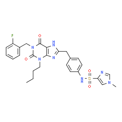 ChemSpider 2D Image | N-(4-{[3-Butyl-1-(2-fluorobenzyl)-2,6-dioxo-2,3,6,7-tetrahydro-1H-purin-8-yl]methyl}phenyl)-1-methyl-1H-imidazole-4-sulfonamide | C27H28FN7O4S