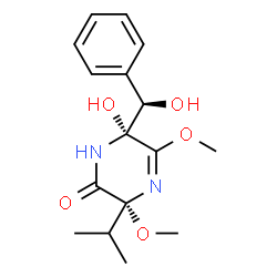 ChemSpider 2D Image | (3R,6R)-6-Hydroxy-6-[(R)-hydroxy(phenyl)methyl]-3-isopropyl-3,5-dimethoxy-3,6-dihydro-2(1H)-pyrazinone | C16H22N2O5