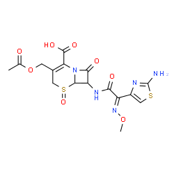 ChemSpider 2D Image | 3-(Acetoxymethyl)-7-{[(2E)-2-(2-amino-1,3-thiazol-4-yl)-2-(methoxyimino)acetyl]amino}-8-oxo-5-thia-1-azabicyclo[4.2.0]oct-2-ene-2-carboxylic acid 5-oxide | C16H17N5O8S2
