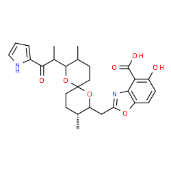 ChemSpider 2D Image | 2-({(3R)-3,9-Dimethyl-8-[1-oxo-1-(1H-pyrrol-2-yl)-2-propanyl]-1,7-dioxaspiro[5.5]undec-2-yl}methyl)-5-hydroxy-1,3-benzoxazole-4-carboxylic acid | C27H32N2O7