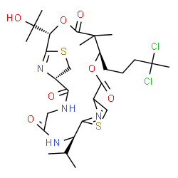 ChemSpider 2D Image | (1S,7S,14S,18S)-14-(4,4-Dichloropentyl)-18-(2-hydroxy-2-propanyl)-7-isopropyl-15,15-dimethyl-13,17-dioxa-9,20-dithia-3,6,22,23-tetraazatricyclo[17.2.1.1~8,11~]tricosa-8(23),10,19(22)-triene-2,5,12,16-
tetrone | C28H40Cl2N4O7S2