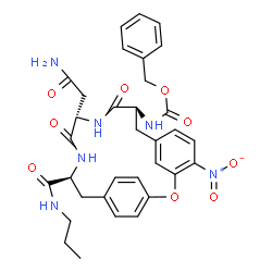 ChemSpider 2D Image | BENZYL [12-(2-AMINO-2-OXOETHYL)-4-NITRO-10,13-DIOXO-15-[(PROPYLAMINO)CARBONYL]-2-OXA-11,14-DIAZATRICYCLO[15 .2.2.1~3,7~]DOCOSA-1(19),3(22),4,6,17,20-HEXAEN-9-YL]CARBAMATE | C33H36N6O9