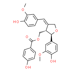 ChemSpider 2D Image | [(2R,3S,4E)-4-(4-Hydroxy-3-methoxybenzylidene)-2-(4-hydroxy-3-methoxyphenyl)tetrahydro-3-furanyl]methyl 4-hydroxybenzoate | C27H26O8