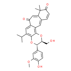 ChemSpider 2D Image | (2S,3S)-3-(4-Hydroxy-3-methoxyphenyl)-2-(hydroxymethyl)-5-isopropyl-9,9-dimethyl-2,3-dihydro-7H-benzo[4',5']cyclohepta[1',2':5,6]benzo[1,2-b][1,4]dioxine-7,10(9H)-dione | C30H30O7