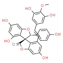 ChemSpider 2D Image | (2'R,3S)-4-[(E)-2-(3,5-Dihydroxy-4-methoxyphenyl)vinyl]-4',6,6'-trihydroxy-2'-(4-hydroxyphenyl)-3,3'-spirobi[[1]benzofuran]-2-one | C30H22O10