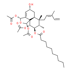 ChemSpider 2D Image | (1S,3R,5R,6aS,7S,8S,9R,10R)-1,3,10-Triacetoxy-5-hydroxy-7,8-dimethyl-7-[(2Z)-3-methyl-2,4-pentadien-1-yl]-3,5,6,6a,7,8,9,10-octahydronaphtho[1,8a-c]furan-9-yl decanoate | C36H54O10