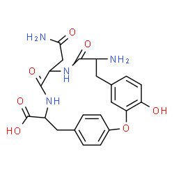 ChemSpider 2D Image | 9-Amino-12-(2-amino-2-oxoethyl)-4-hydroxy-10,13-dioxo-2-oxa-11,14-diazatricyclo[15.2.2.1~3,7~]docosa-1(19),3(22),4,6,17,20-hexaene-15-carboxylic acid | C22H24N4O7