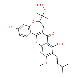 ChemSpider 2D Image | 6-(2-Hydroperoxy-2-propanyl)-3,9-dihydroxy-11-methoxy-10-[(1E)-3-methyl-1-buten-1-yl]-6,7-dihydro-8H-chromeno[3,2-d][1]benzoxepin-8-one | C26H28O8