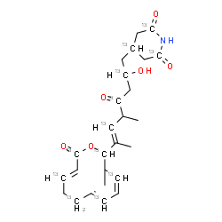 ChemSpider 2D Image | 4-[(6E)-2-Hydroxy-5-methyl-7-[(4Z,6E,10E)-3-methyl-12-oxo(2,4,6,8,10,12-~13~C_6_)oxacyclododeca-4,6,10-trien-2-yl]-4-oxo(2,4,6-~13~C_3_)-6-octen-1-yl]-2,6-(2,4,6-~13~C_3_)piperidinedione | C1413C12H35NO6