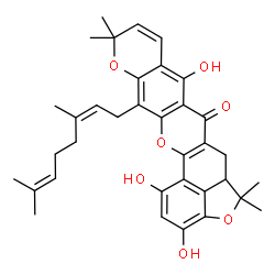 ChemSpider 2D Image | 13-[(2Z)-3,7-Dimethyl-2,6-octadien-1-yl]-1,3,8-trihydroxy-5,5,11,11-tetramethyl-5a,6-dihydro-5H,7H,11H-[1]benzofuro[3,4-bc]pyrano[2,3-i]xanthen-7-one | C35H38O7