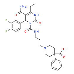 ChemSpider 2D Image | Methyl 1-[3-({[5-carbamoyl-6-(3,4-difluorophenyl)-4-ethyl-2-oxo-3,6-dihydro-1(2H)-pyrimidinyl]carbonyl}amino)propyl]-4-phenyl-4-piperidinecarboxylate | C30H35F2N5O5