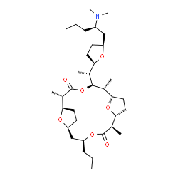 ChemSpider 2D Image | (1R,2S,5S,6R,7S,10R,11R,14S,16S)-5-[(1R)-1-{(2R,5S)-5-[(2R)-2-(Dimethylamino)pentyl]tetrahydro-2-furanyl}ethyl]-2,6,11-trimethyl-14-propyl-4,13,19,20-tetraoxatricyclo[14.2.1.1~7,10~]icosane-3,12-dione | C35H61NO7