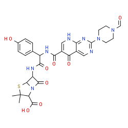 ChemSpider 2D Image | 6-{[({[2-(4-Formyl-1-piperazinyl)-5-oxo-5,8-dihydropyrido[2,3-d]pyrimidin-6-yl]carbonyl}amino)(4-hydroxyphenyl)acetyl]amino}-3,3-dimethyl-7-oxo-4-thia-1-azabicyclo[3.2.0]heptane-2-carboxylic acid | C29H30N8O8S