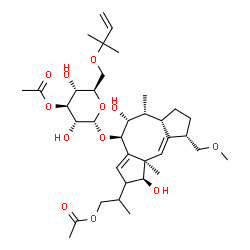 ChemSpider 2D Image | 2-[(1S,4R,5R,6R,6aS,9S,9aE,10aR)-4-{[3-O-Acetyl-6-O-(2-methyl-3-buten-2-yl)-alpha-D-glucopyranosyl]oxy}-1,5-dihydroxy-9-(methoxymethyl)-6,10a-dimethyl-1,2,4,5,6,6a,7,8,9,10a-decahydrodicyclopenta[a,d]
[8]annulen-2-yl]propyl acetate | C36H56O12